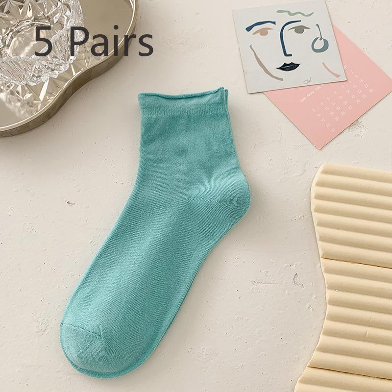 5 Pairs of Cute Candy Colored Rolled Up Mid Top Socks for Women In Summer