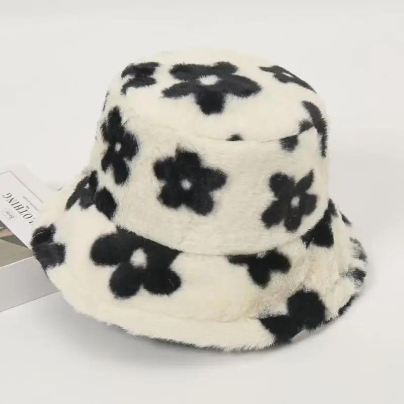 Freizeit Plüsch Niedliche Bucket Caps mit Kleinen Druckblumen,Damen Herbst Winter Sterne Warm Fischerhut Dickes Faux Fur Skullies Mützen