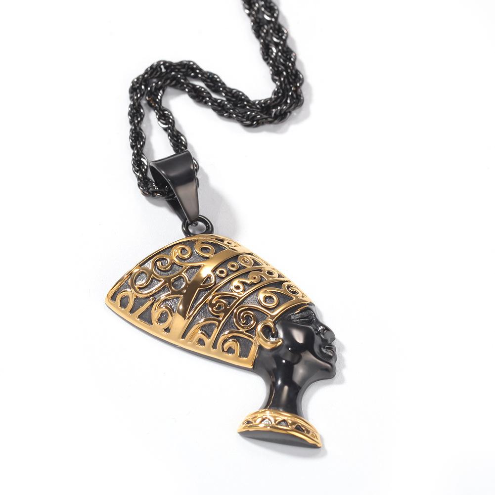 Trendy zlato černá s egyptským vzorem Přívěsek Kleopatra z nerezové oceli Studentský mužský a ženský oblíbený retro hip-hopový ornament