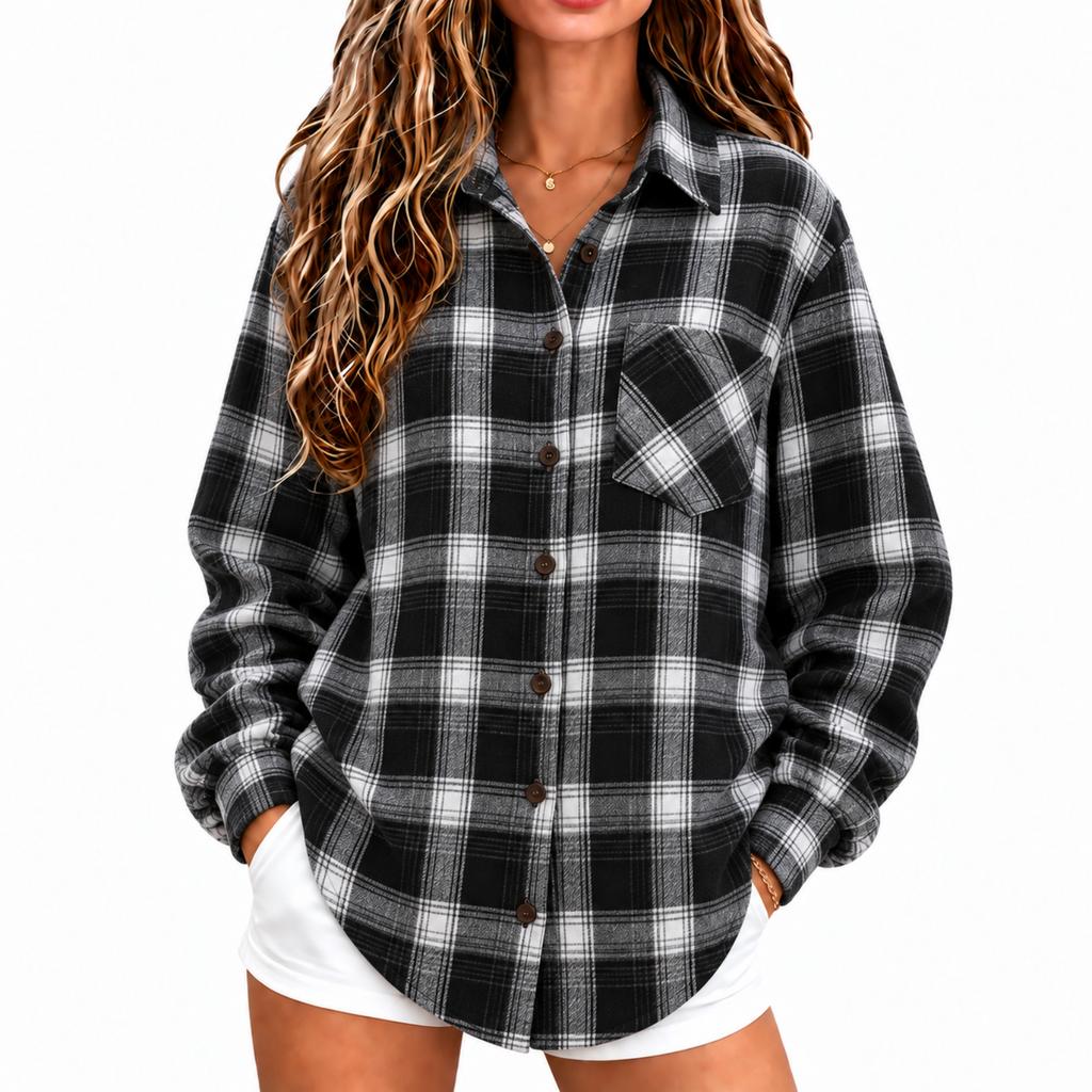 Women's Fall Winter Casual Long Sleeve Plaid Shirt Loose Fit Pocket Top for Everyday Wear