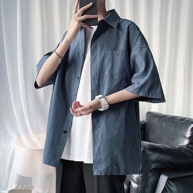 Simplicity Handsome Turn-down Collar Solid Shirts Loose Short Sleeve Button Business Casual Young Style Fashion Men's Clothing