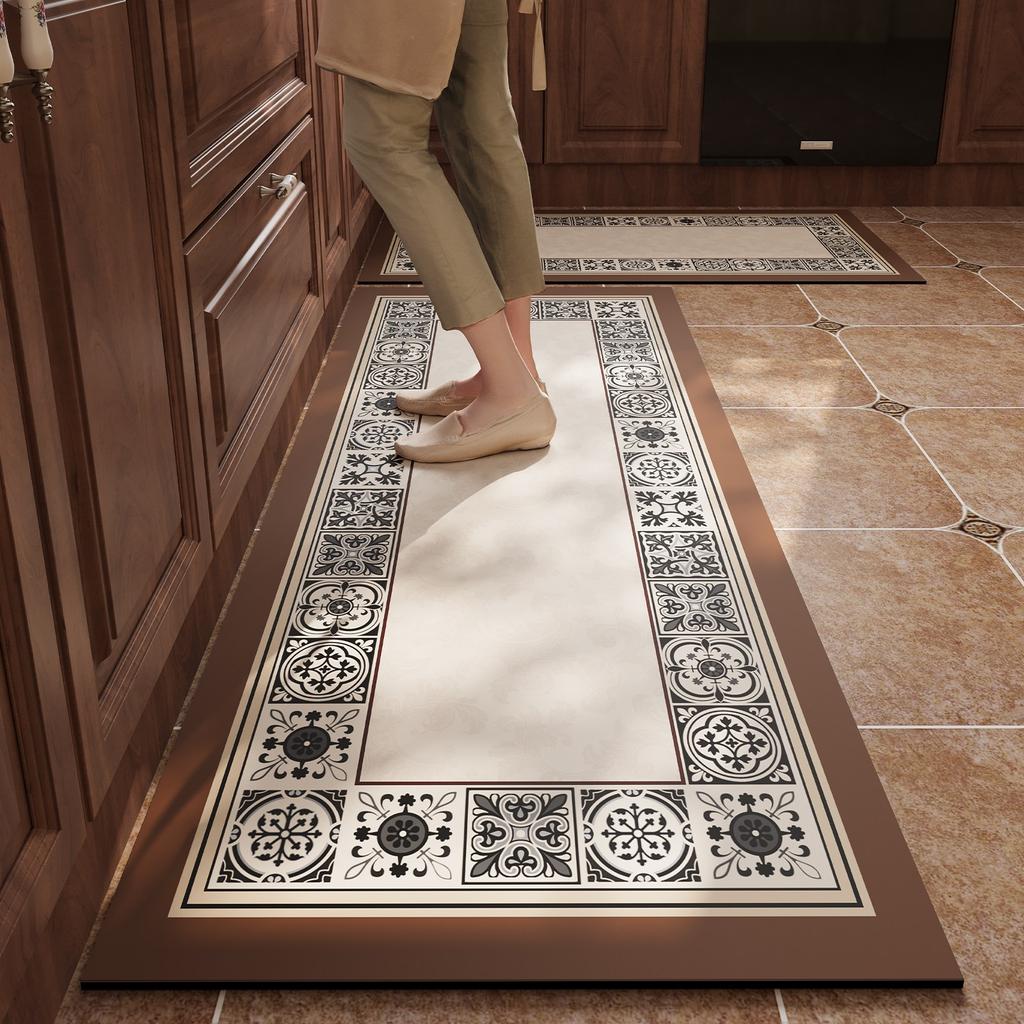 Vintage Light Luxury Kitchen Floor Mat Anti-slip Carpet Oil-proof Waterproof PVC Leather Washable Rug Long Rugs Alfombra Cocina