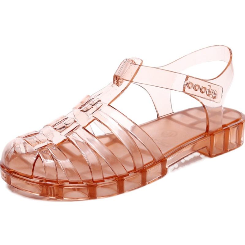 Nové sandály Dámské letní ploché boty Křišťálové boty na nízkém podpatku Roztomilé protiskluzové vodotěsné plastové želé boty