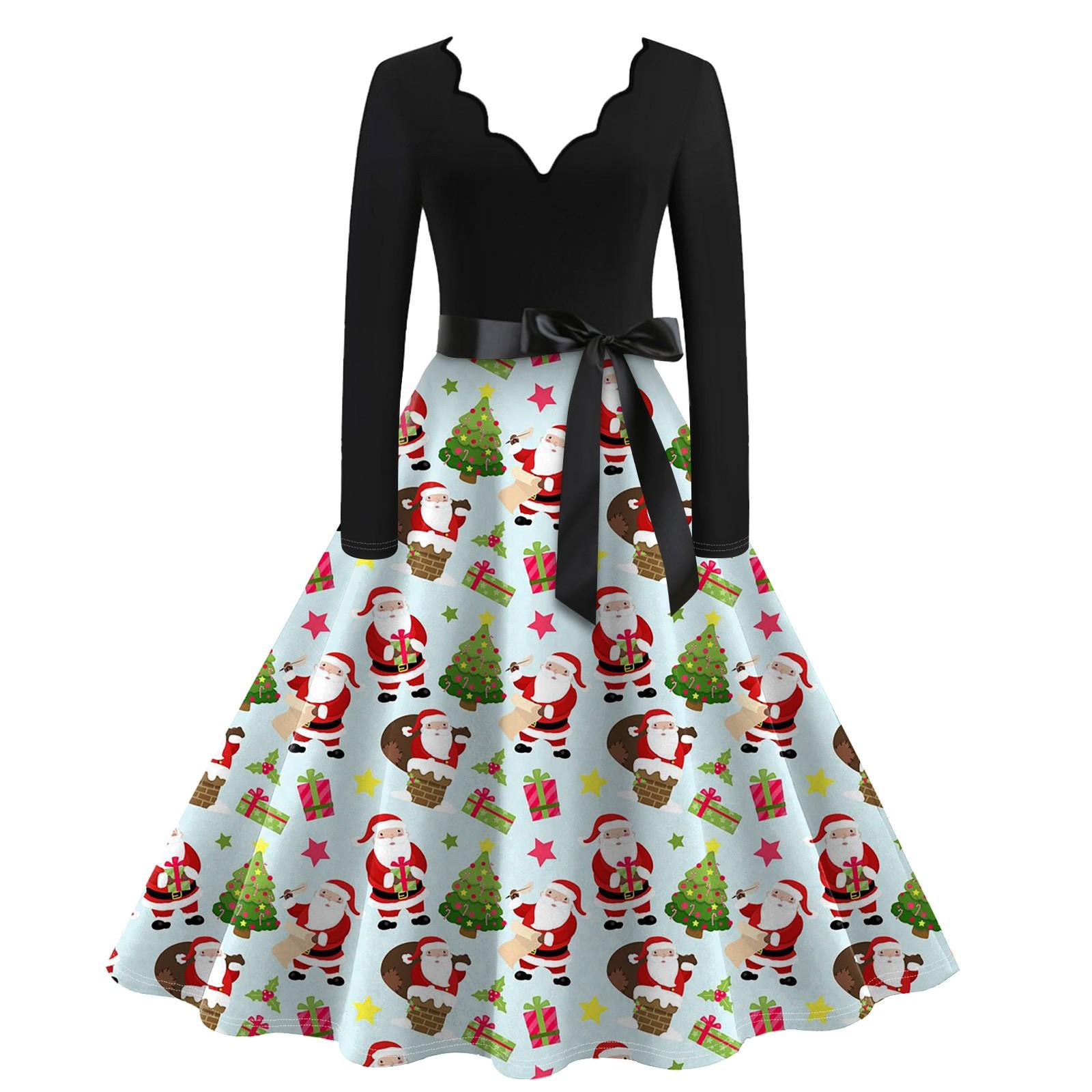 

Жіноча повсякденна модна вінтажна сукня з різдвяним принтом і довгим рукавом, V-подібним вирізом XXXXXL