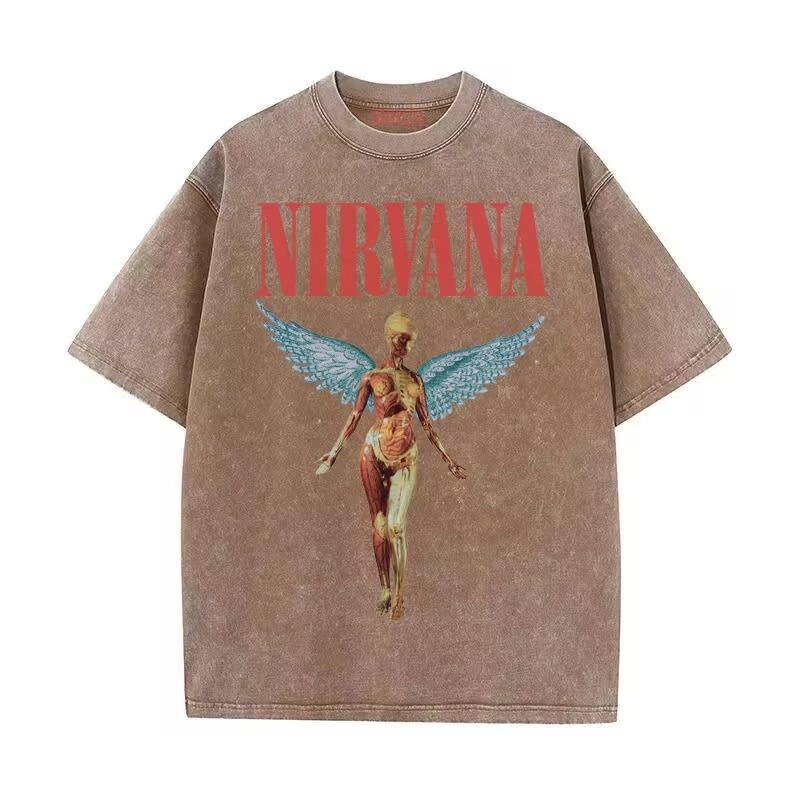 Nirvana Angel Graphic Vintage Washed T-Shirt, Retro Rock Band Oversized Cotton Tee, Streetwear Tops