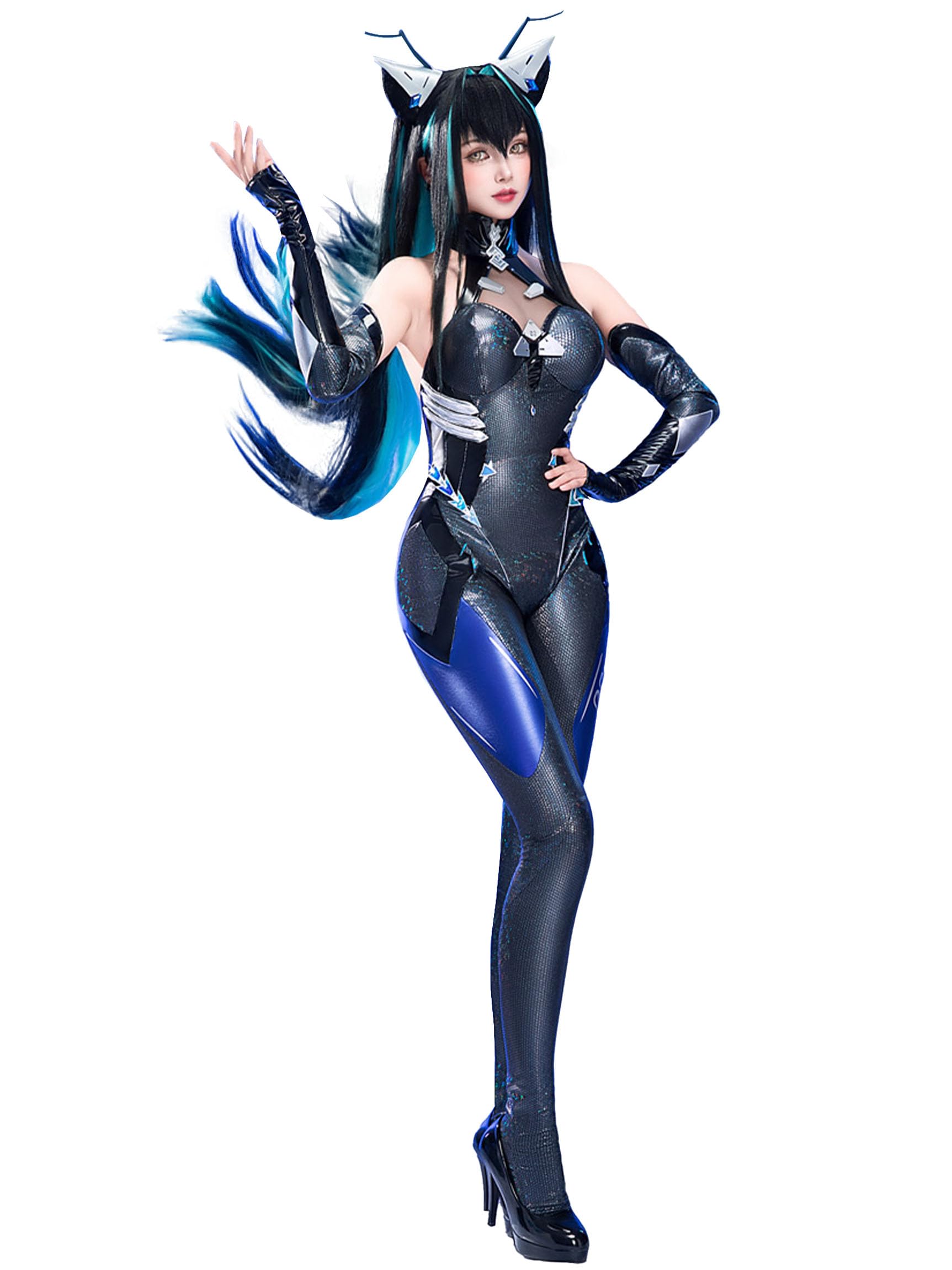 

Miccostumes Взрослый Аниме Игра Боди без рукавов с халтер-вырезом и наряд леотарда Милый и Косплей Черный Женский комплект в стиле Богини, Моэ, С открытым вырезом, чёрный