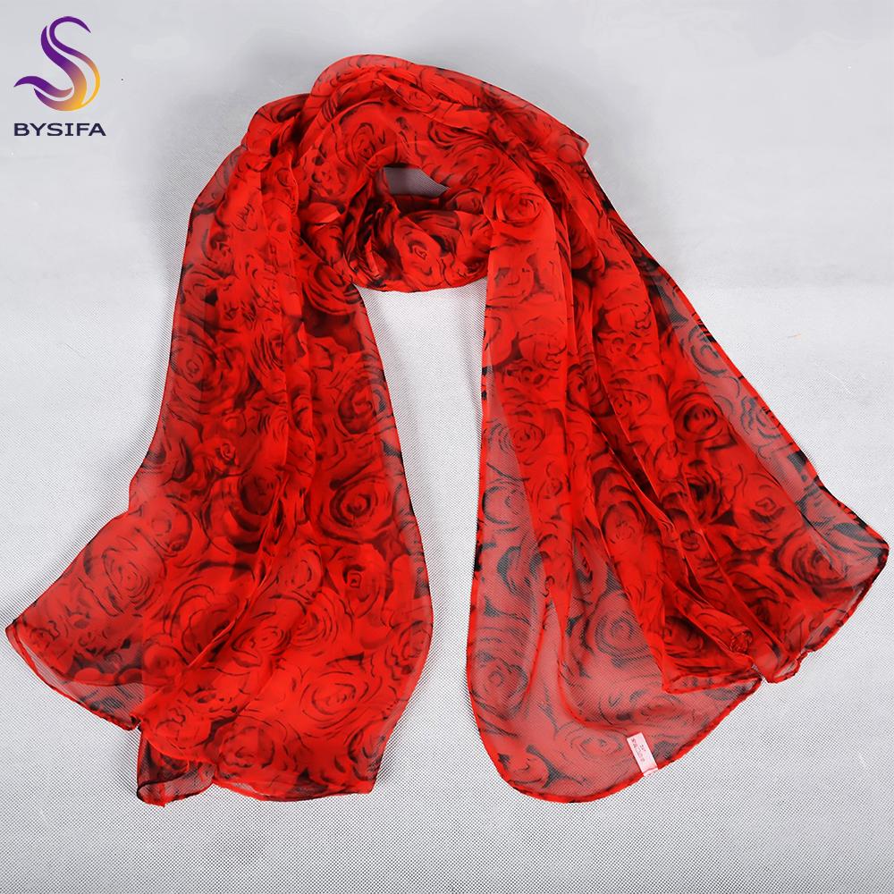 BYSIFA|Spring Pink Red Silk Scarf Shawl Female Elegant Floral Style Long Silk Scarves Foulard Summer New Beach Shawl Scarf Hijab