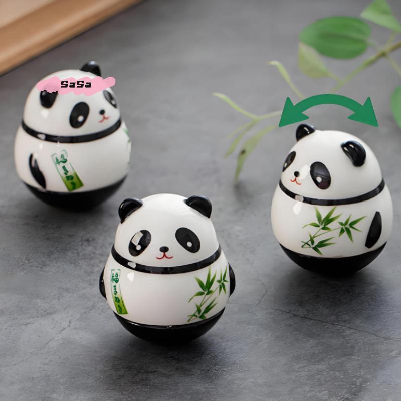 S-1 Pc Japanese Ceramic Panda Doll Crafts Panda Tumbler Toy Lucky Charm Fortune Ornament Landscape Home Office Desk Decor