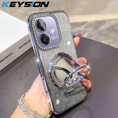 KEYSION Luxuriöse Glitzer-Strass-Magnetische Handyhülle für OPPO A3X 5G A3 5G Make-up-Spiegel Ständer Stoßfeste Abdeckung für OPPO A40 A40m