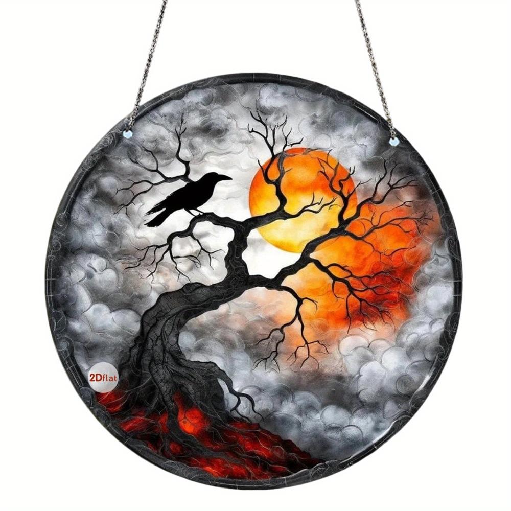 Catcher dei sogni rotondo in acrilico retrò 2D per Halloween - motivo pipistrello/corvo/gatto nero decorazione per finestra, decorazione per la casa horror da interni ed esterni
