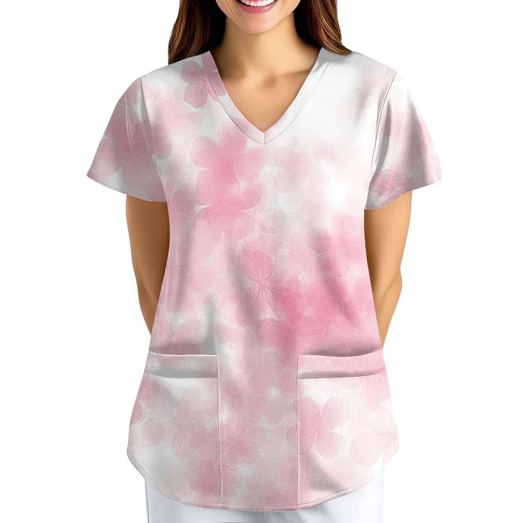 Plus SizePrinted Scrub Working Uniform Tops For Women's Cross V-Neck Print Short Sleeve Fun T-Shirts Workwear Tee With Pockets