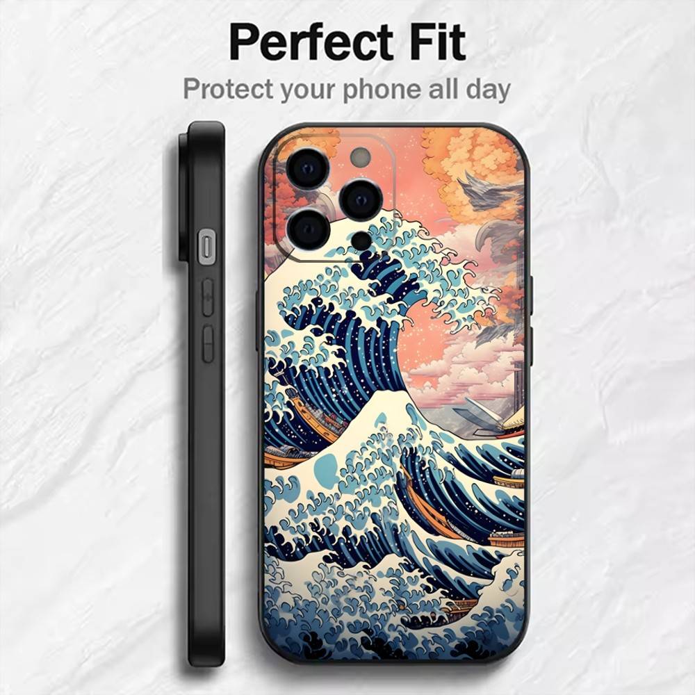 Japanese Ukiyo-e Waves Parinting Phone Case For iPhone17,16,15,14,13,12 Plus,Max Soft Silicone Black Cover