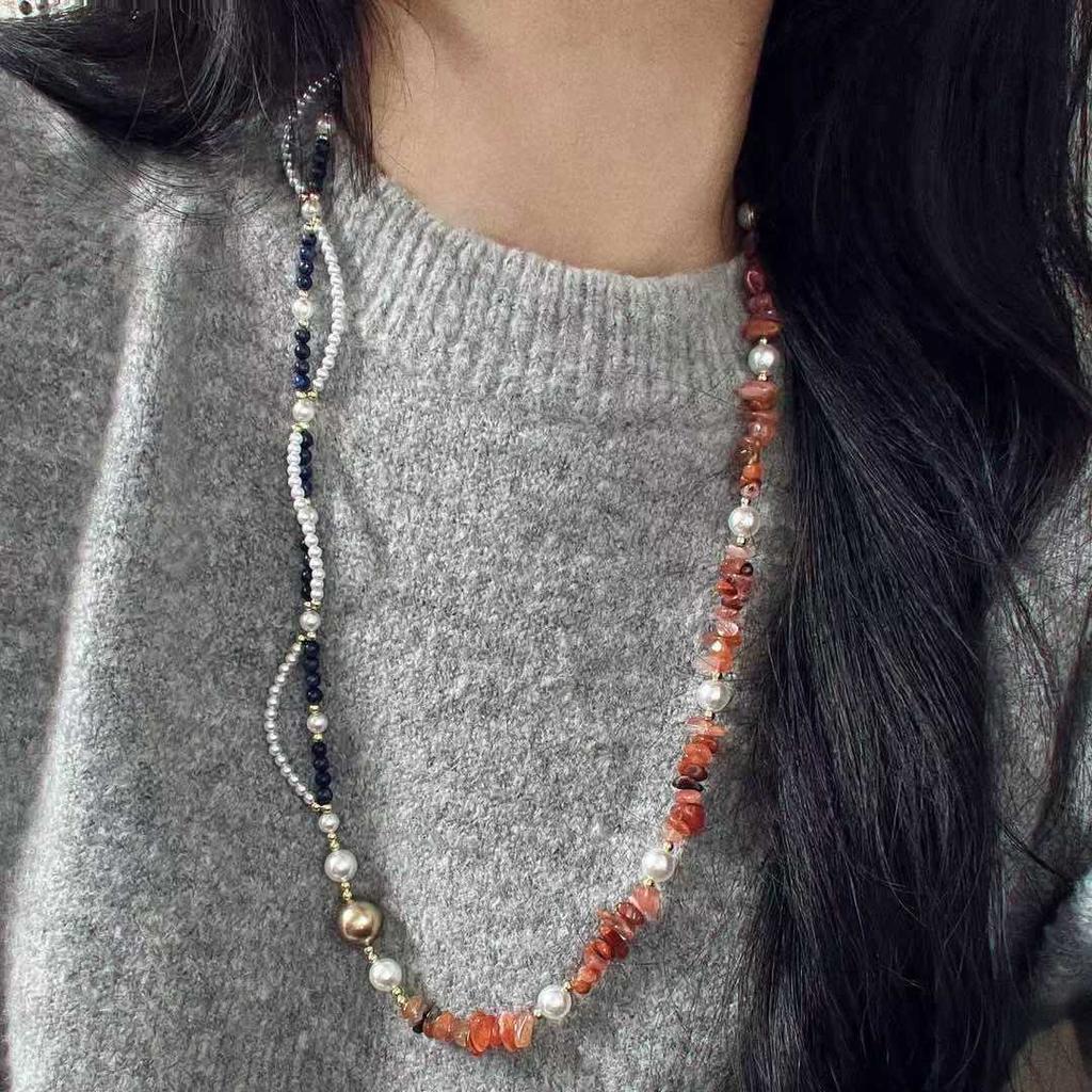 Vintage Artificial Crystal Pearl Natural Lapis Lazuli Nanhong Double Necklace Collarbone Chain