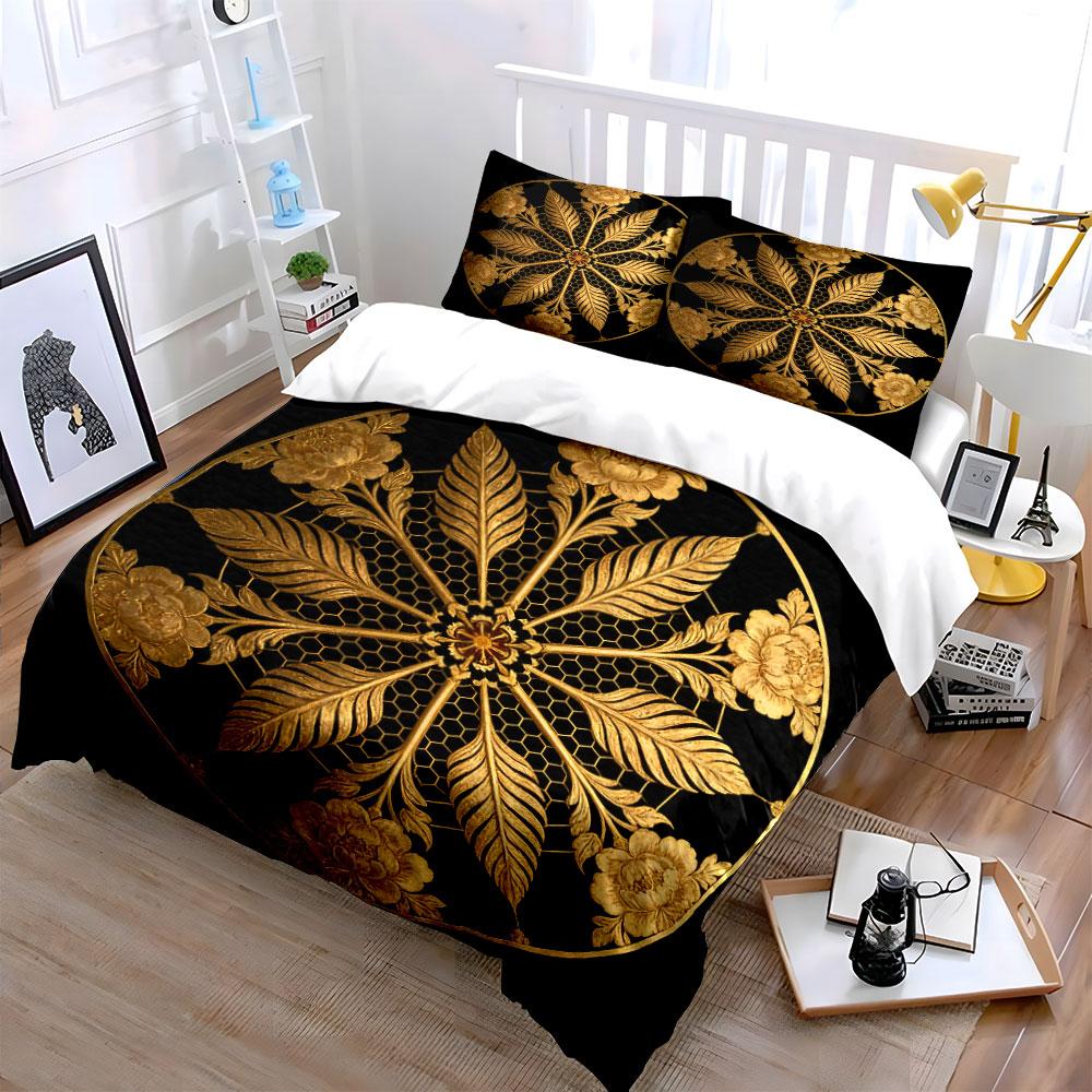 Golden Floral Decorative Three-Piece Soft Comfortable Duvet Cover Bedding Set Included 1*Duvet Cover & 2*Pillowcases, Gift