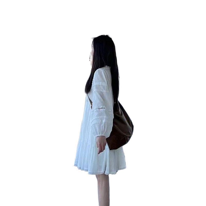 Women's French White Puff Sleeve Shirt Dress - Petite & Tall, Long Sleeve, Spring/Autumn Holiday Style
