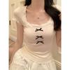 Pure Desire Lace Short-sleeved Women's Summer Style Slim Waist Design Right Shoulder Top