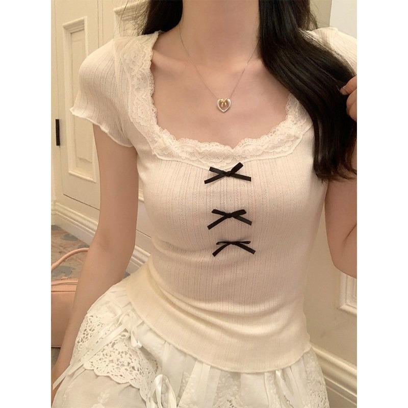 Pure Desire Lace Short-sleeved Women's Summer Style Slim Waist Design Right Shoulder Top
