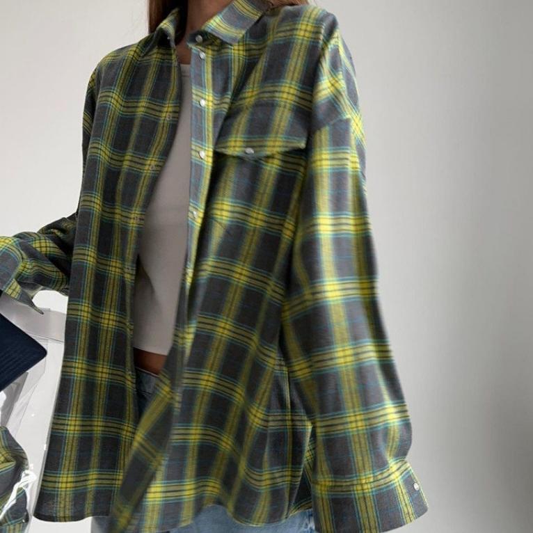 Autumn Plus Plaid Shirt Long Sleeved Lapel Button Loose Casual Shirt Blouses & Shirts