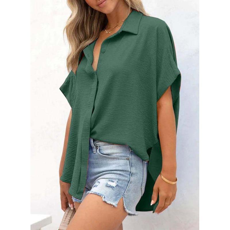 Western Style New Fashion Casual Loose Short Sleeve Lapel Shirts Top Solid Color Shirt Top
