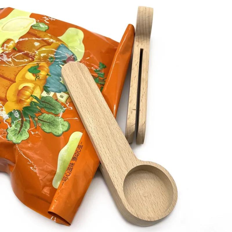 Wooden Coffee Bean Measuring Spoon With Bag Clip Tablespoon Solid Measuring Tea Bean Spoons Clips Gift YA040