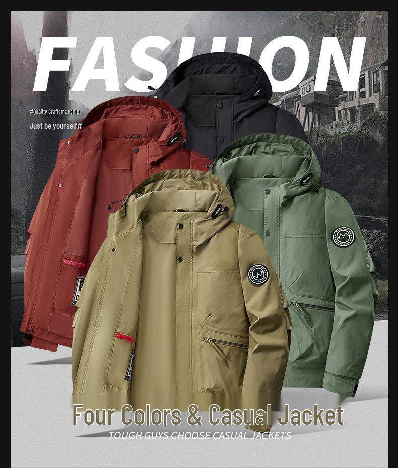 Winddichte Kapuzenjacke mit Fleecefutter, Arbeitsmantel mit mehreren Taschen, Lässiger lockerer Schnitt für Frühling und Herbst, Ideal zum Angeln und Fotografieren.