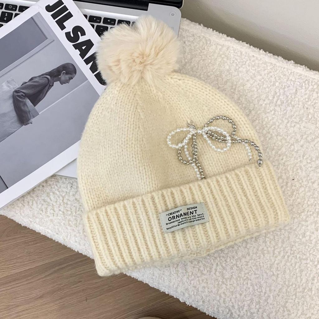 Big head circumference hat autumn and winter pearl bow big hairball knitted wool hat cycling hat