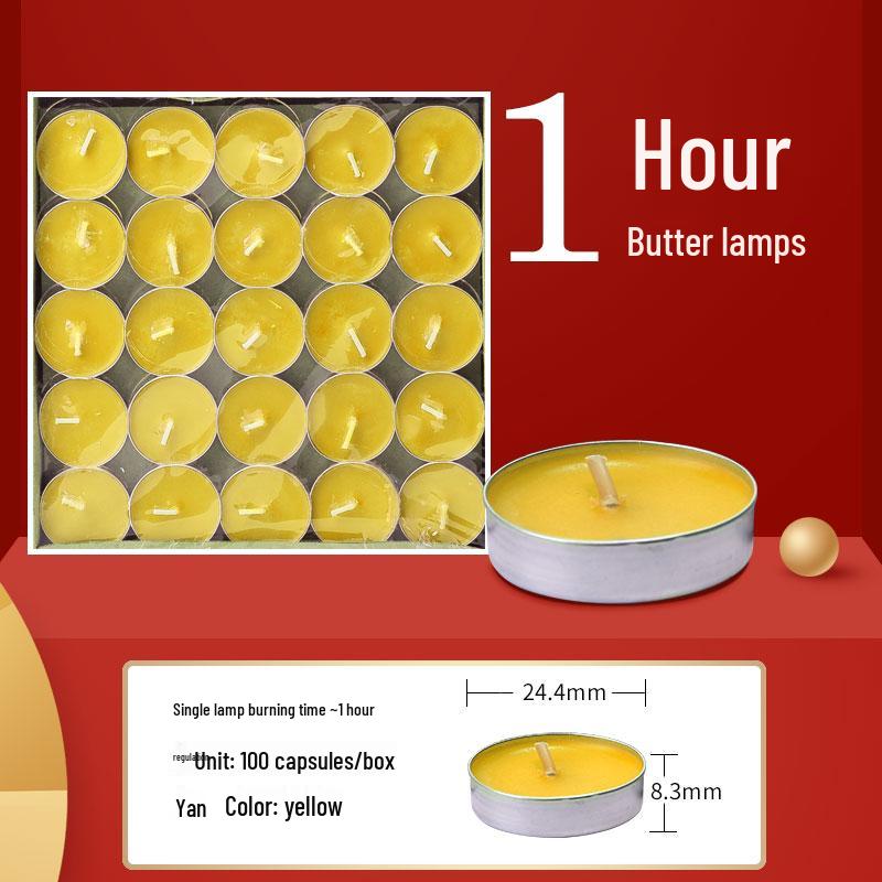 Offering Lights Set: 100 8-Hour Smokeless Ghee, 4-Hour Su Oil, and 2-Hour Candles for Buddha Everlasting Light.