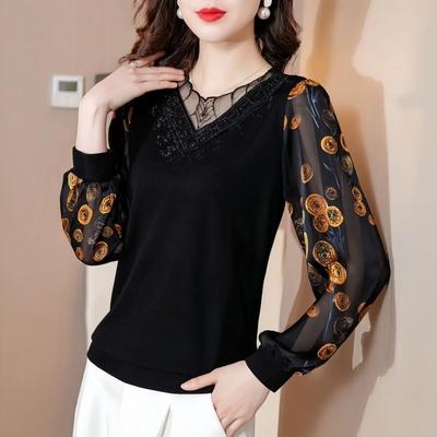 T-shirt à manches longues en dentelle pour femme, faux deux pièces, chemise à bascule, diamant, maman, nouvelle mode, printemps automne, M-4XL