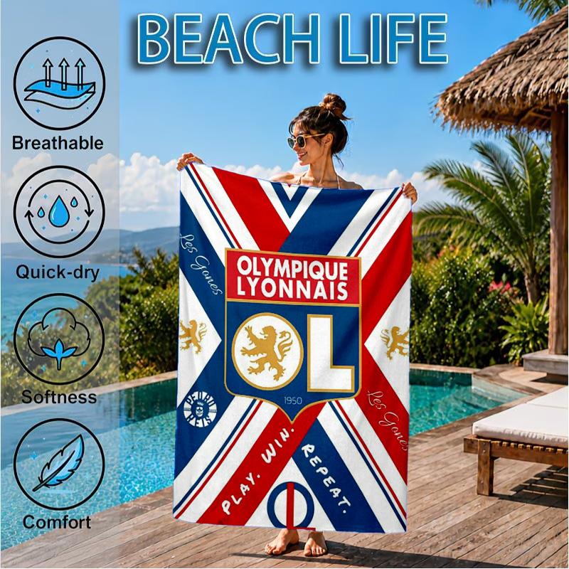 Lyon Football Crest Design Printed Microfiber Beach Towel, Soft And Absorbent, Quick-Dry, Ideal for Summer Travel, Beach Essential, Swimming Pool