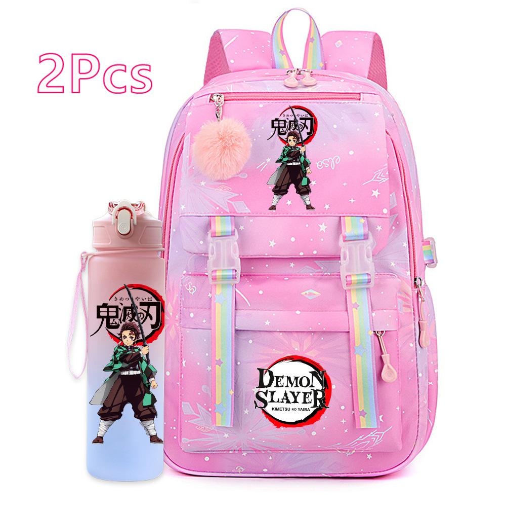 2Pcs/set Anime Cartoon Demon Slayer Printed Backpack with 750Ml Water Bottler for Teenager Bookbag Large Capacity Waterproof Travel Bag Gift