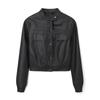 European and American autumn and winter women's PU leather jacket crew neck metal button locomotive jacket slim-fitting versatile jacket