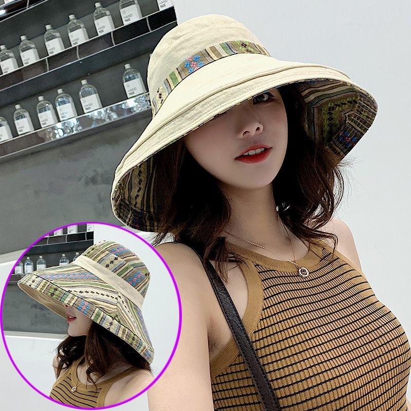 Ethnic style double-sided bucket hat women's big edge Internet celebrity versatile summer hat women's sun protection hat sun hat spring and autumn