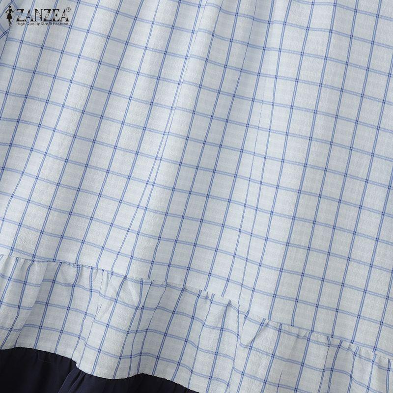 ZANZEA Women Plaid Print Casual Round Neck Half Sleeve Splice Blouse