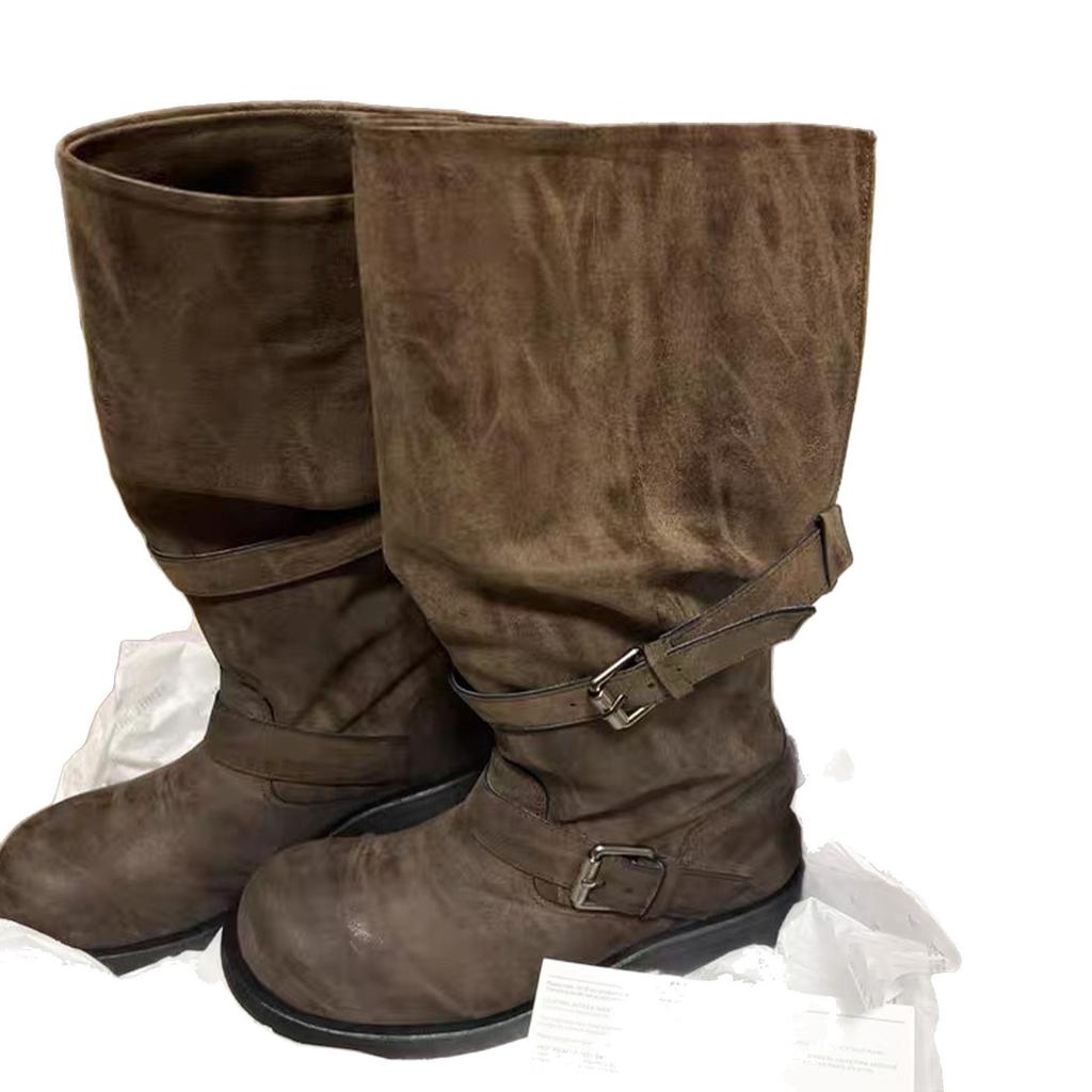 Verze z hovězí kůže~ Volné retro přezky na opasku, stohovací kozačky pro ženy, plisované vysoké jezdecké kozačky, kozačky na silném podpatku