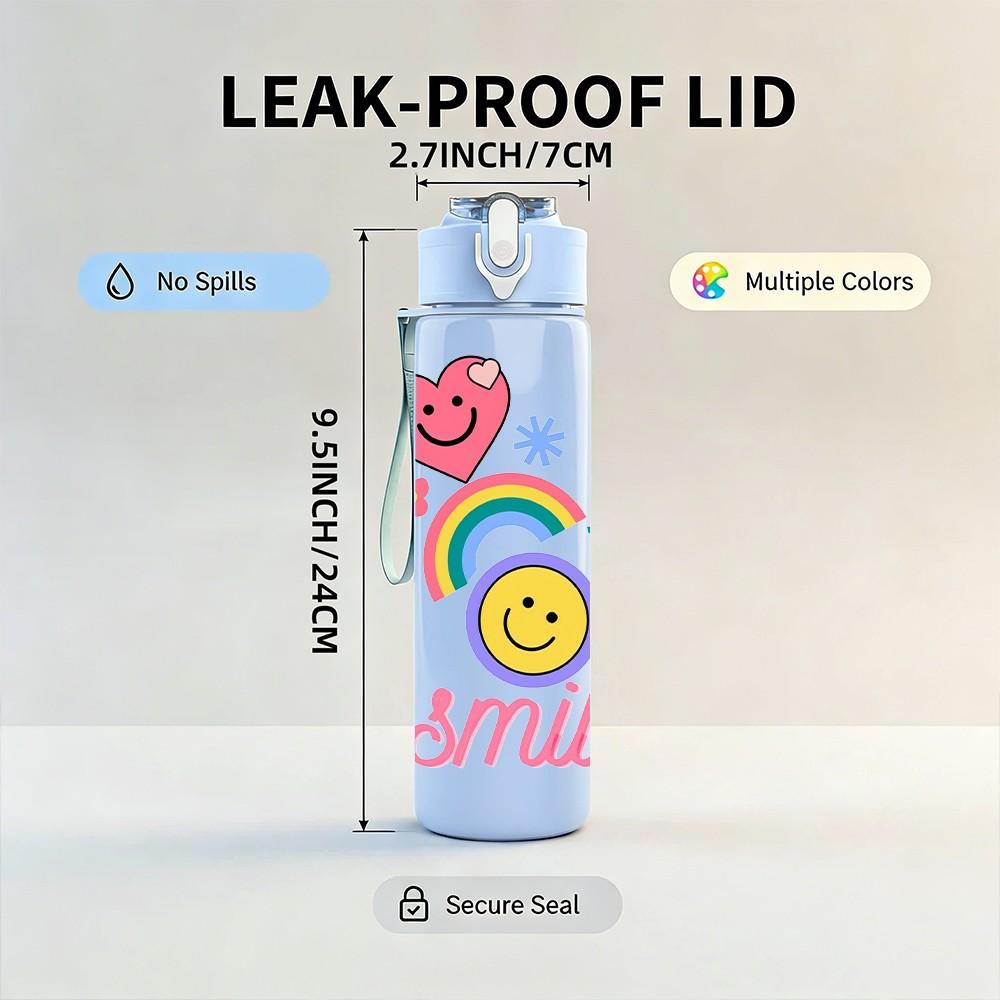1PC Rainbow Cloud Smile Face Pattern 750ml Color Plastic Sports Water Bottle Leakproof Flip Straw Lid Suitable for Sports Office Home Use