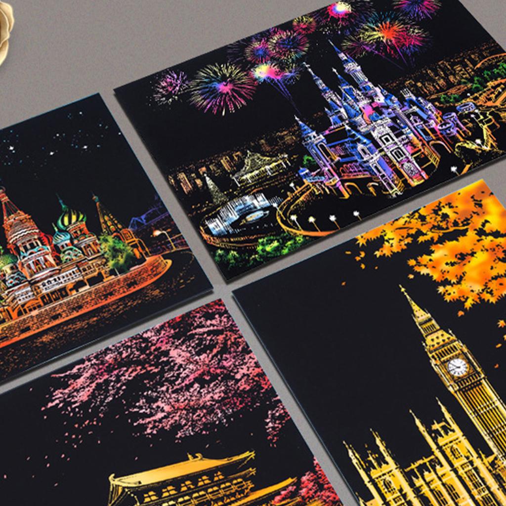Yetişkinler için Kazıma Boyama Kitleri Şehir Gece Manzarası Kazıma Sanatı Boyama Gökkuşağı Eskiz Defteri Kendin Yap Sanat El Sanatı Manzara Boyama
