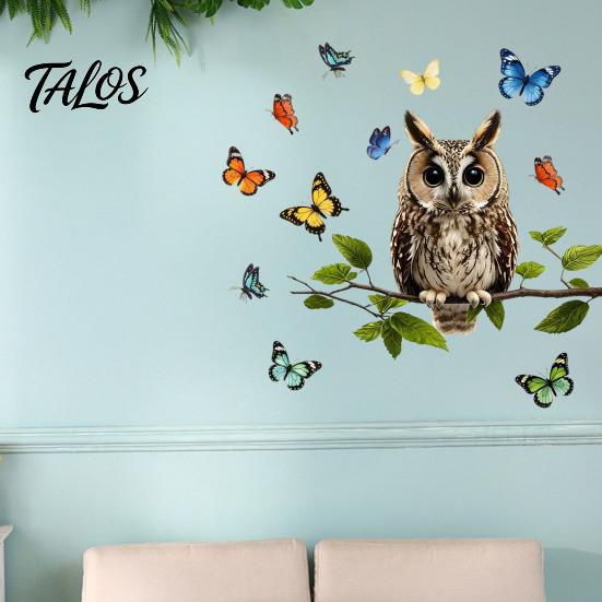 Natural Forest Theme Wall Decor Owl Butterfly Sticker, Animal Illustration Decorative Decals, Window Film for Glass Doors Waterproof Removable