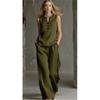 Casual Women Blocking Loose Sleeveless Button Vest Elastic Waist Wide Leg Pants Two Peice Set Summer V Neck Ladies Outfit