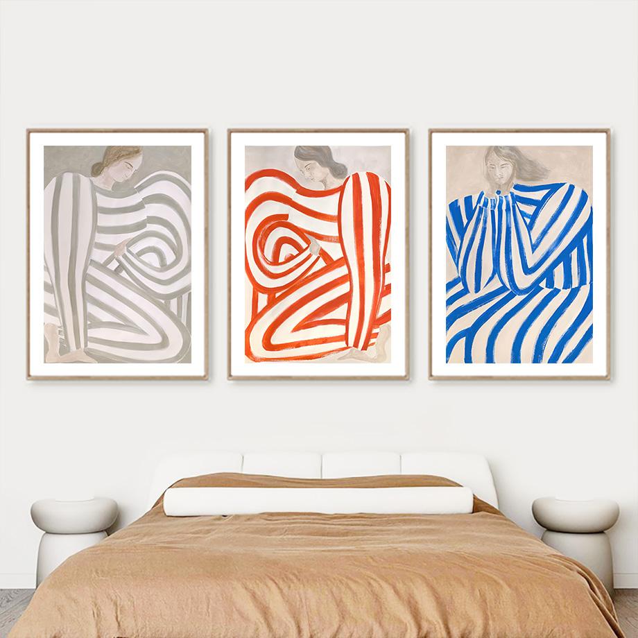 Abstract Line Striped Girl Art Print, Yayoi Kusama Canvas Painting, Flower Market Wall Pictures, Living Room, Home Decoration