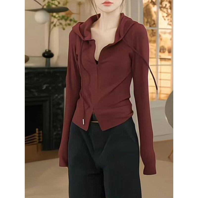 

European Goods Stylish Hooded Double Zipper Cardigan Outwear Female 2025 Fall New Arrival Waist-Tight Figure Flattering T-shirt Top Angora Red S