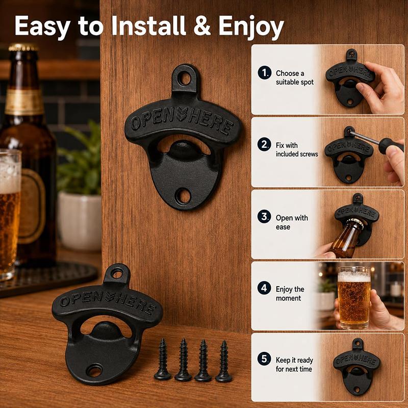 1/2Pcs Vintage Wall Mounted Beer Bottle Opener with Screws Zinc Alloy Beer Botle Opener for Bar Kitchens Hotel Garage Patio Home