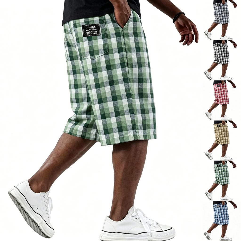 Men's Casual Loose Fit Plaid Shorts Lightweight Breathable Cotton Blend Fabric with Elastic Waistband and Side Pockets for Everyday Wear