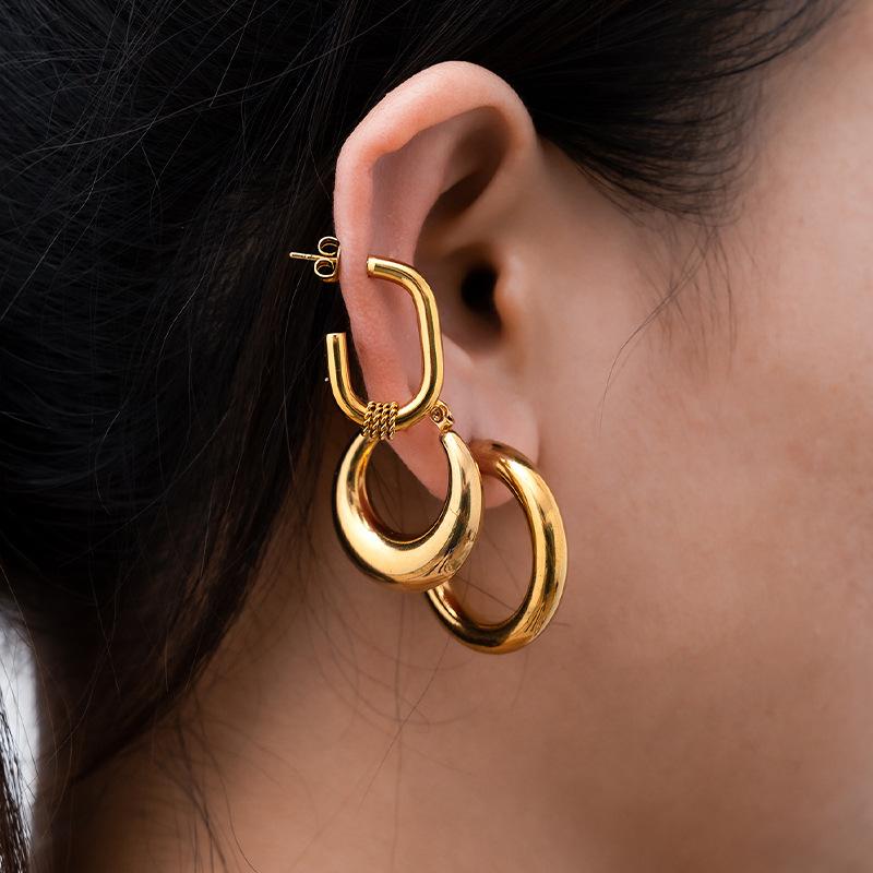 European and American Gold Combination Set Stainless Steel Earrings, Simple Trend Women's Geometric Retro Titanium Steel Earrings