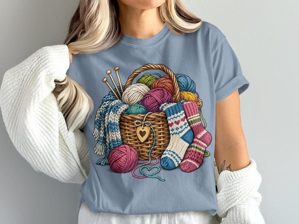 Knitting Lover Shirt, Yarn Basket Graphic T-Shirt with Cottagecore Craft Design