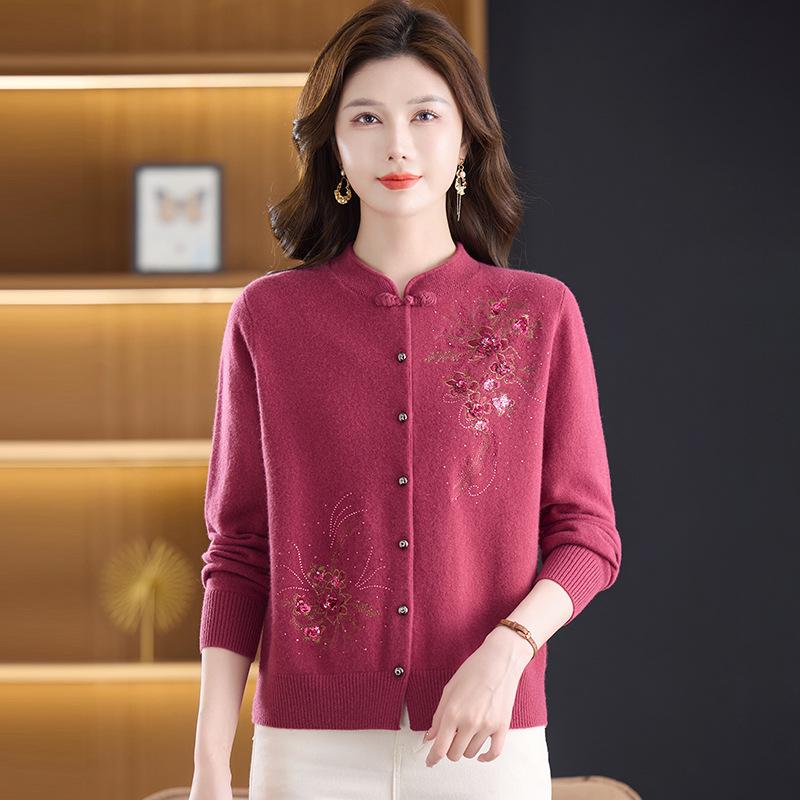 Mom's Stylish Chinese-Style Wool Cardigan for Middle-Aged Women