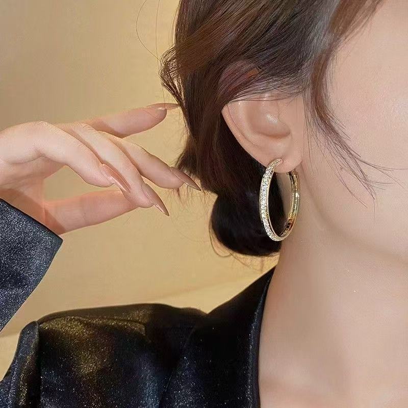 Cercei Large Hoop Earrings 925 Sterling Silver with Zirconia Diameter 4.0cm Gold Color with Jewelry Box