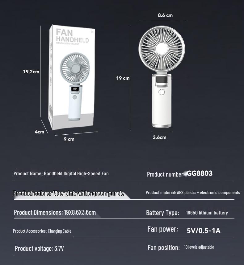 High-Speed Handheld USB Rechargeable Mini Fan with Digital Display