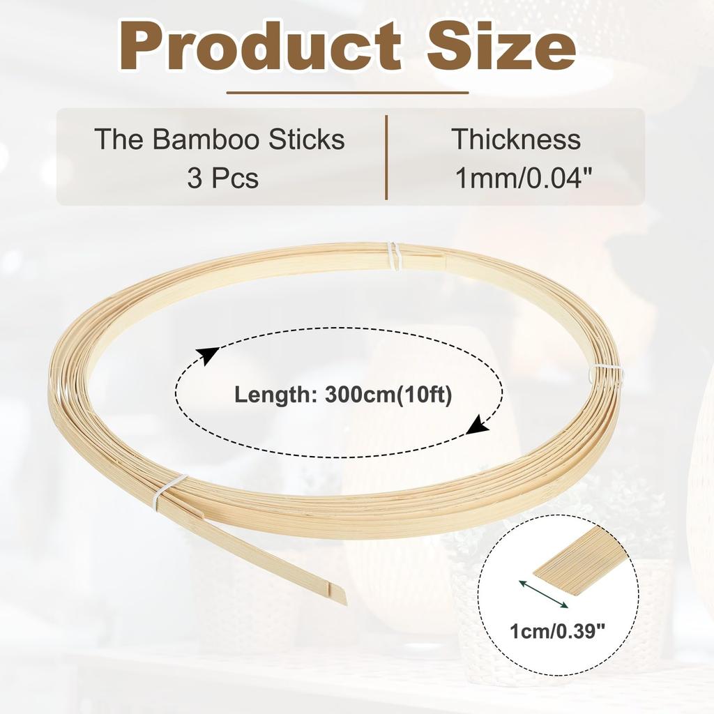 Uxcell Knitting Bamboo 3 X Basket Weaving Wicker Repair 1mm Thick Thin Bamboo Strips for Basket DIY and Chandeliers Strips, Rolls, 0.39" 10ft,