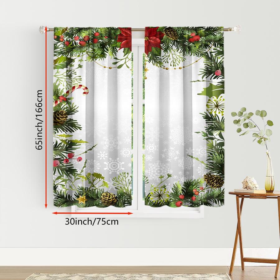 2PCS Digital Print Curtains, Pine Branch Red Berry Christmas Pattern, Natural Rustic Style for Xmas Holiday Home Decor