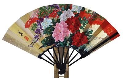 <Kyoto Fan> Dwustronny ozdobny wachlarz składany, Hyakka/Sakura, ze stojakiem i pudełkiem
